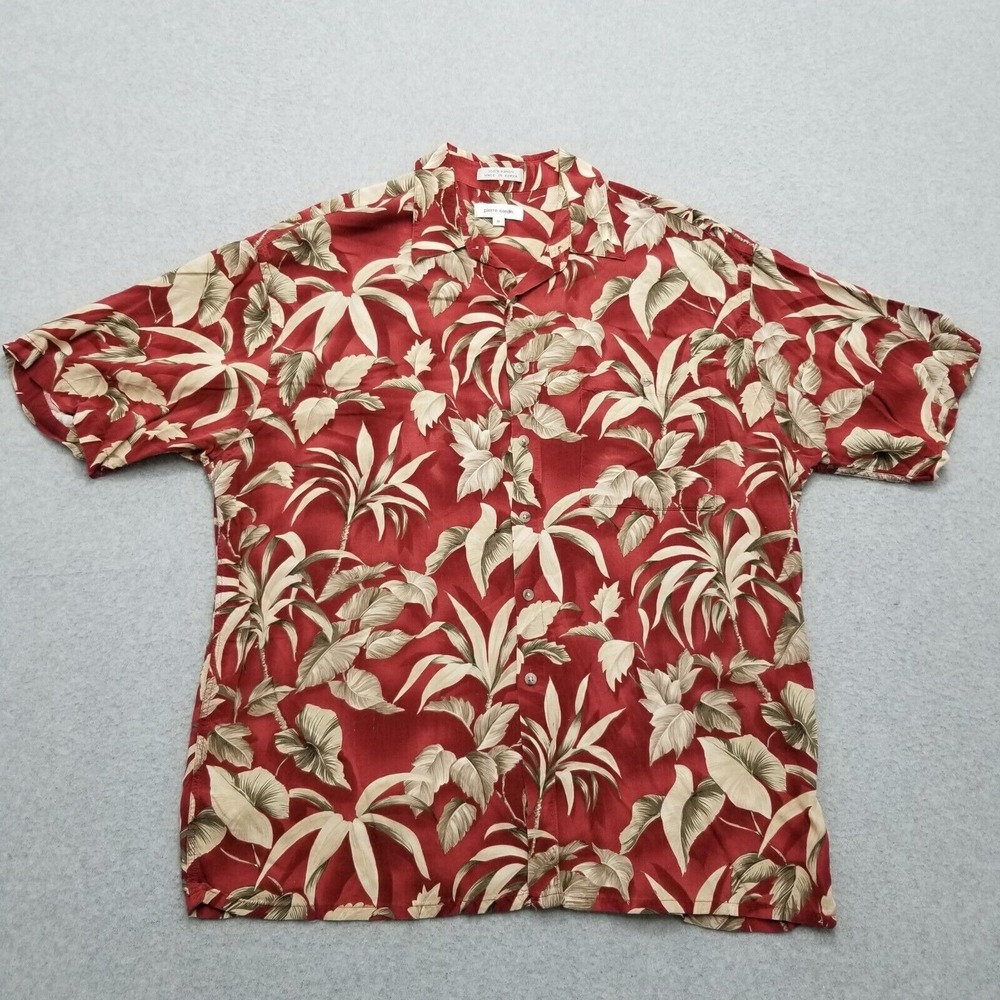 Pierre‎ Cardin Shirt Men XL Red Floral Hawaiian Button Up Short Sleeve Rayon